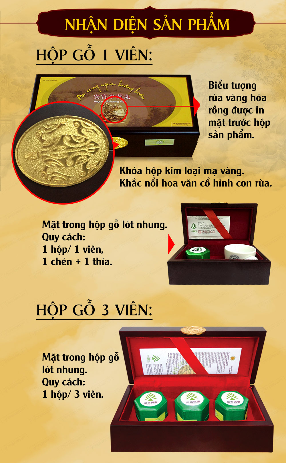 An cung ngưu hiệu rùa vàng hộp 3 viên