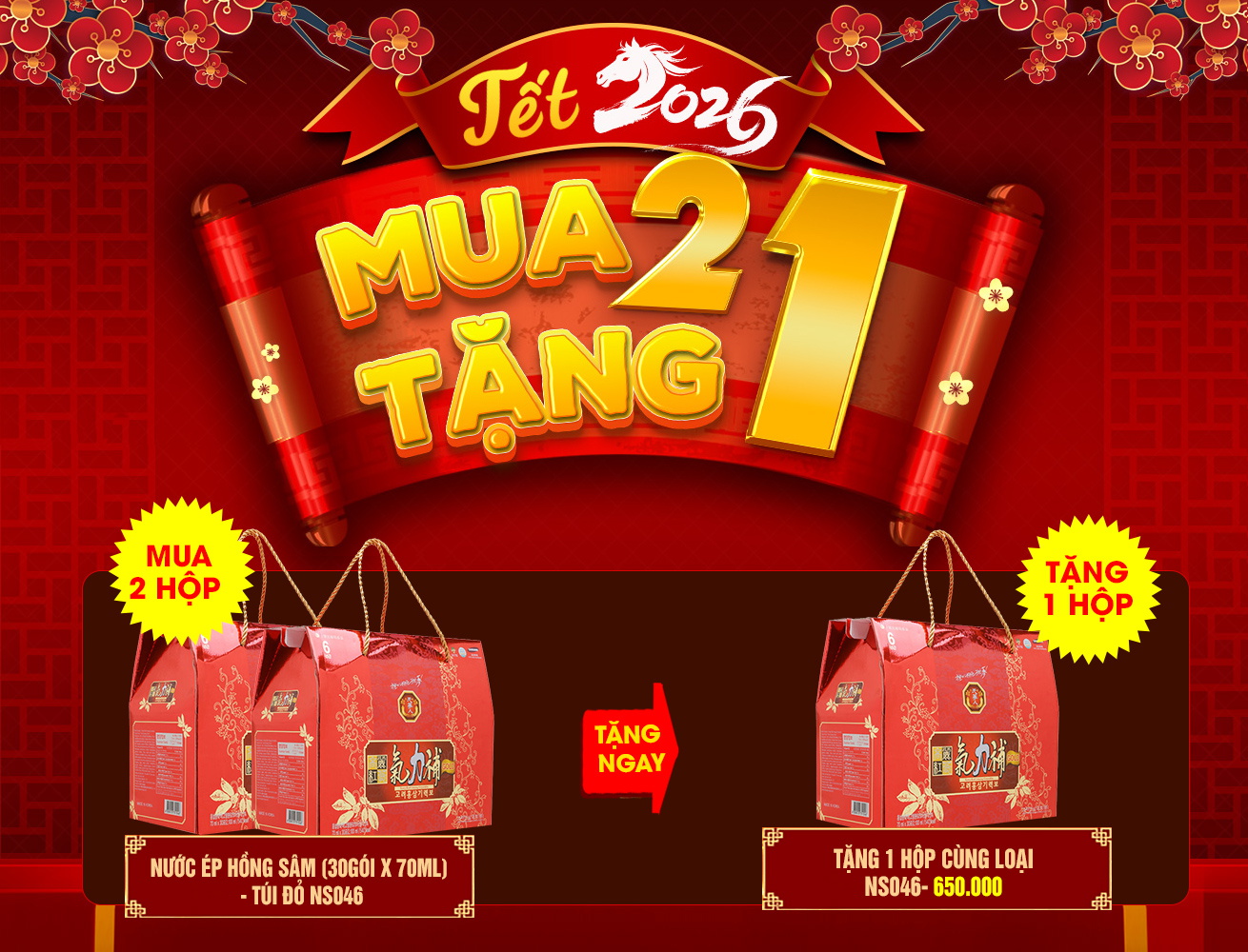 Hộp quà biếu nước ép hồng sâm (30gói x 70ml) - Túi đỏ NS046