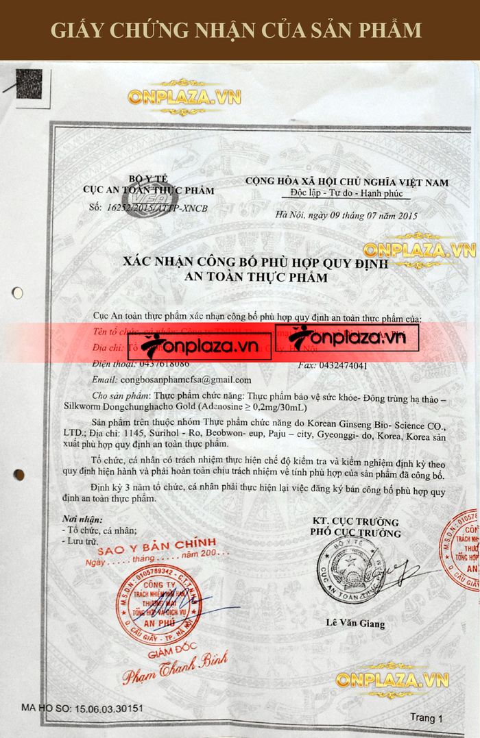 Giấy chứng nhận an toàn thực phẩm của sp nước đtht D044