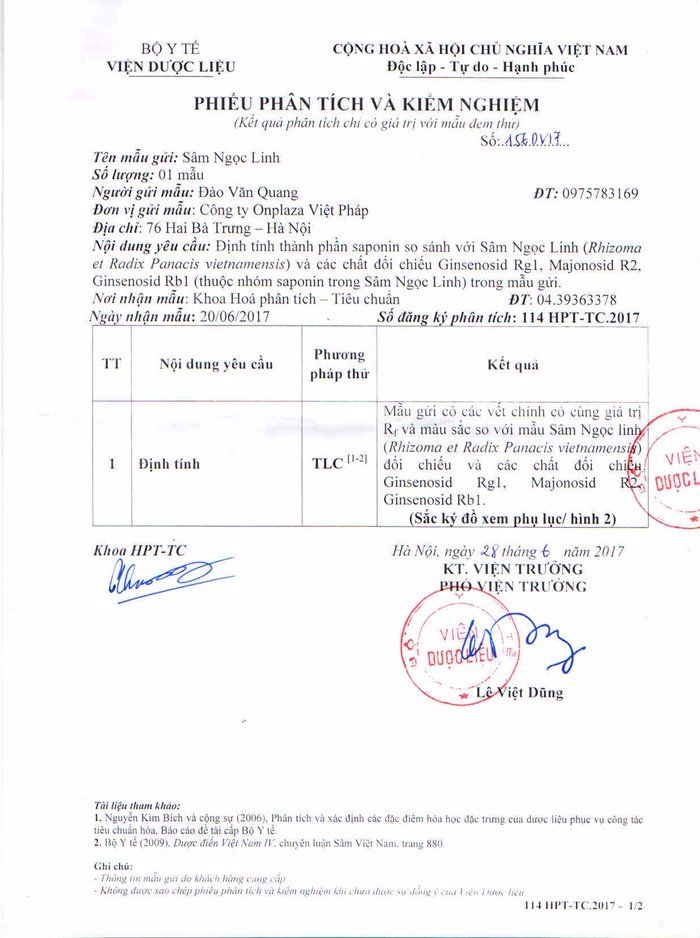Kết quả kiểm nghiễm mẫu sâm ngọc linh tự nhiên 150 tuổi quý hiếm loại 2.4kg/củ 1