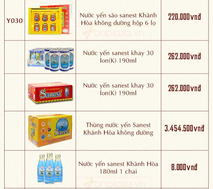 bảng giá chuẩn cho các dòng sản phẩm nước yến Sanest Khánh Hòa