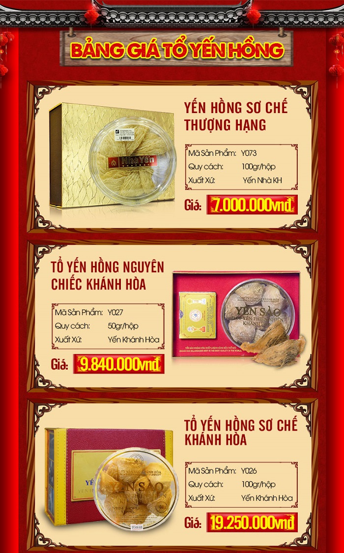 Bảng giá 3 sản phẩm Yên hồng đang được phân phối tại On Plaza 