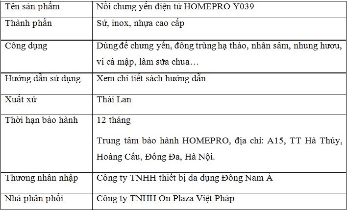 Nồi Chưng Yến Điện tử HomePro-Y039-ảnh00
